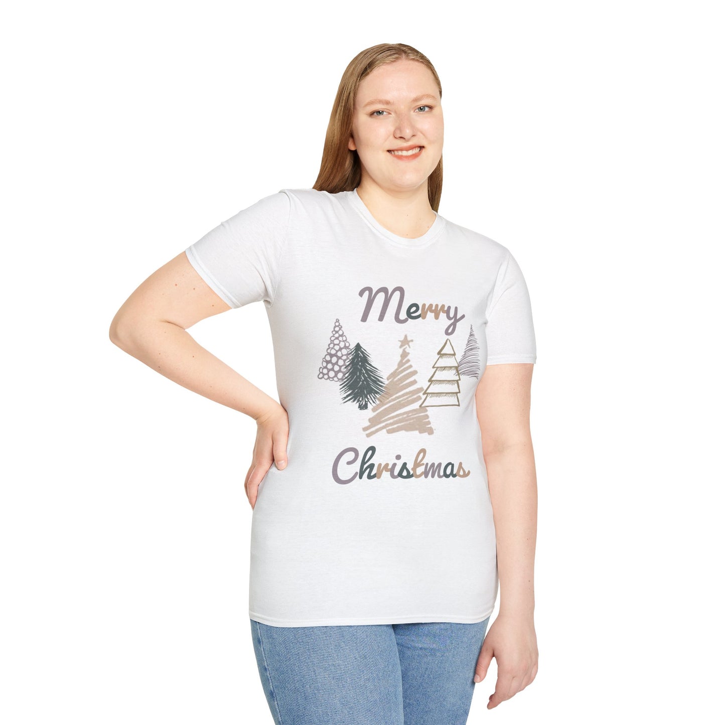 Woman wearing a white t-shirt with 'Merry Christmas' and tree graphics on a white background