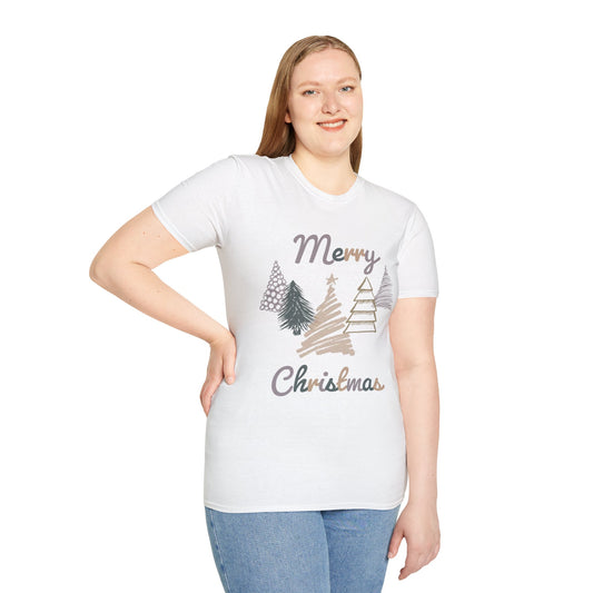 Woman wearing a white t-shirt with 'Merry Christmas' and tree graphics on a white background