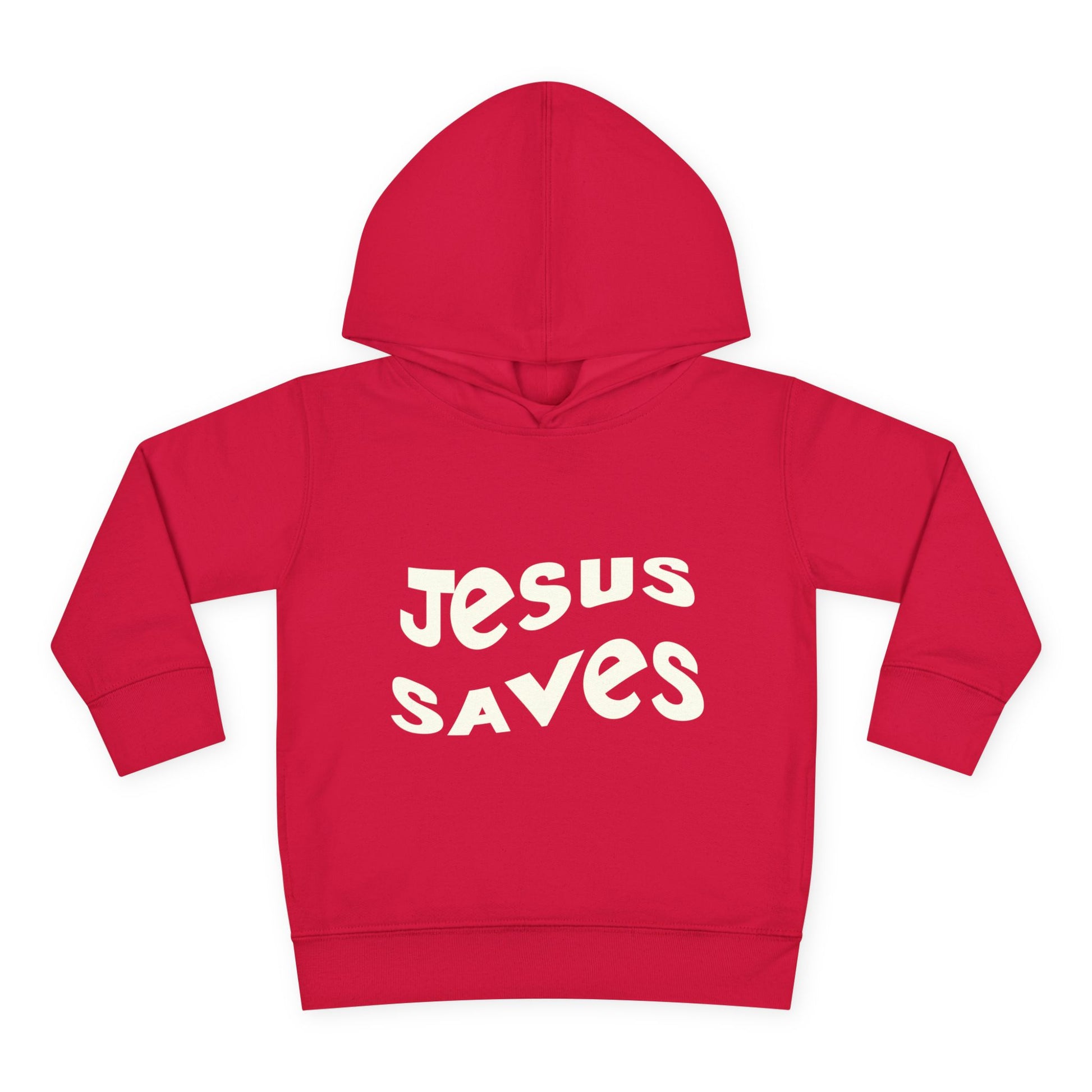 Kids' hoodie with 'Jesus Saves' text and cross graphic, vibrant Christian faith apparel for children.