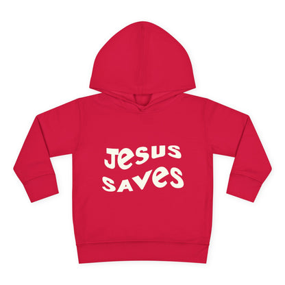 Kids' hoodie with 'Jesus Saves' text and cross graphic, vibrant Christian faith apparel for children.