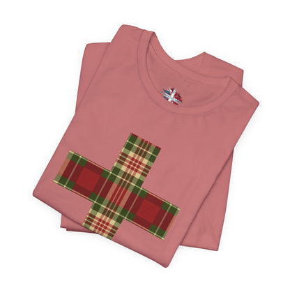 Plaid Cross Christmas Tee – Rustic Faith Holiday T-Shirt