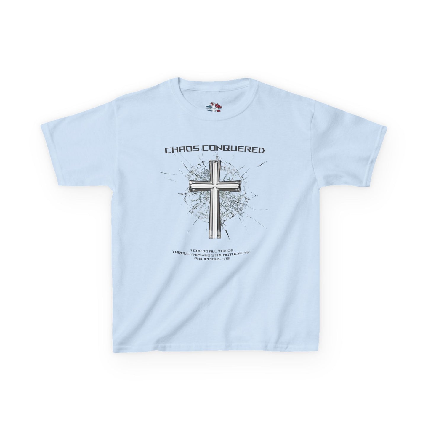 Chaos Conquered Christian Kids T-Shirt | Philippians 4:13 Boys Faith Tee – Inspirational Bible Verse Apparel for Young Warriors