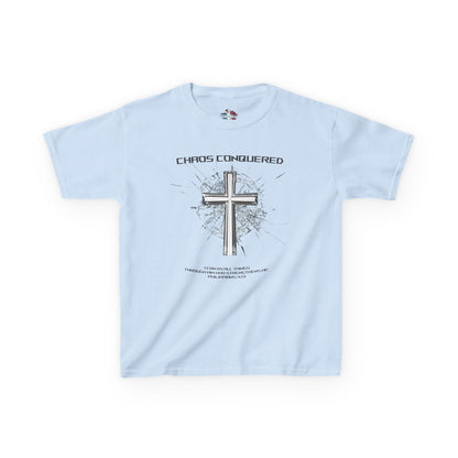 Chaos Conquered Christian Kids T-Shirt | Philippians 4:13 Boys Faith Tee – Inspirational Bible Verse Apparel for Young Warriors