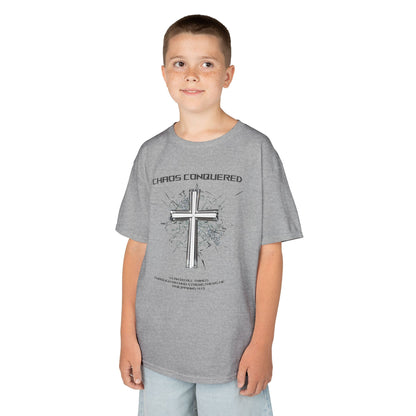 Chaos Conquered Christian Kids T-Shirt | Philippians 4:13 Boys Faith Tee – Inspirational Bible Verse Apparel for Young Warriors