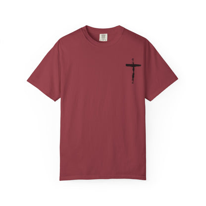 Men's white T-shirt with black cross and John 3:16 Bible verse, Christian faith apparel.

