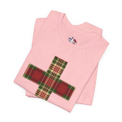 Plaid Cross Christmas Tee – Rustic Faith Holiday T-Shirt