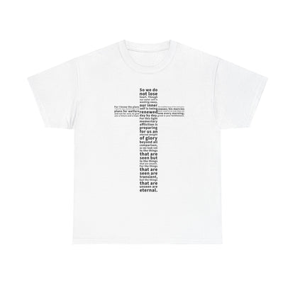 White t-shirt with black text on a white background