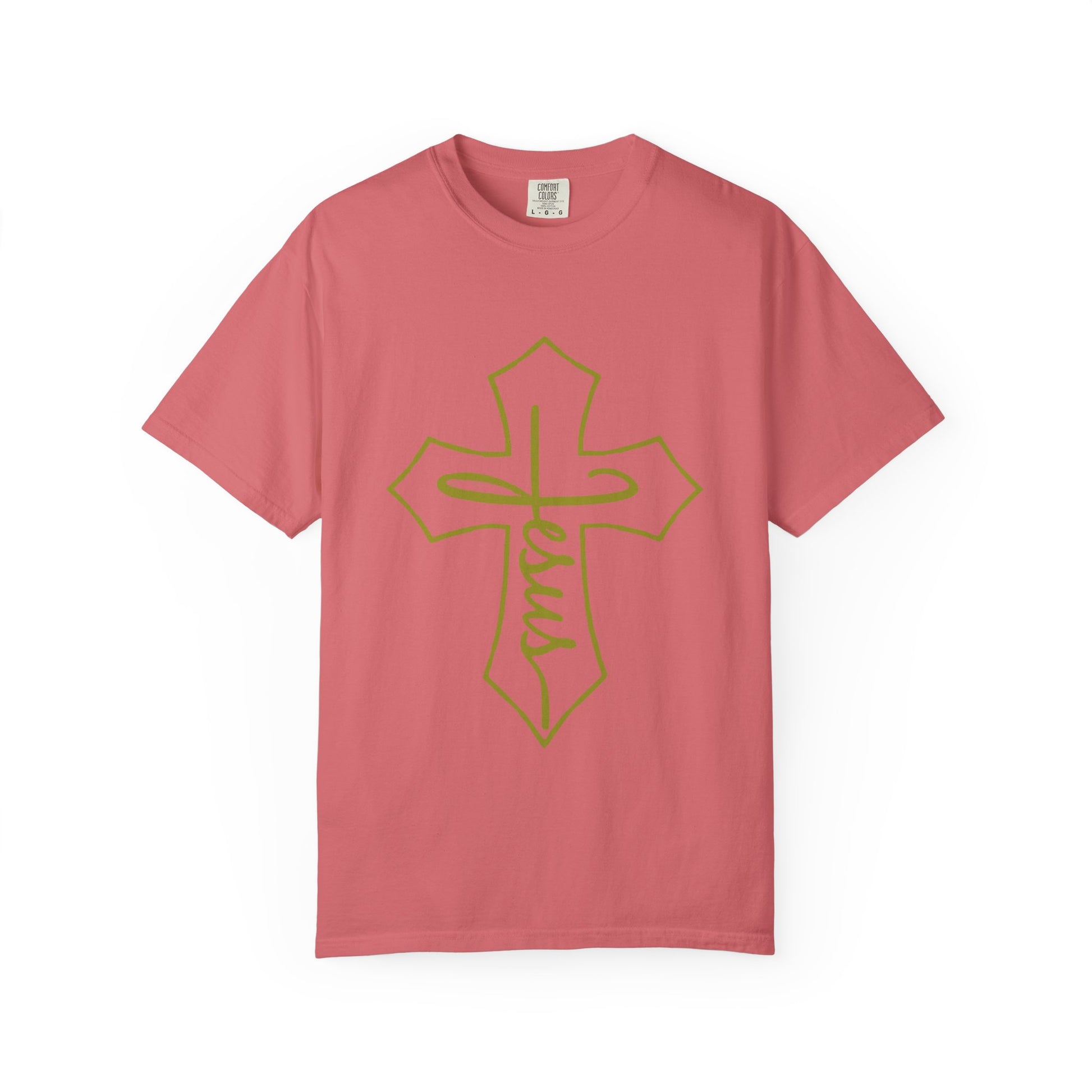 Pink t-shirt with a gold cross design on a white background
