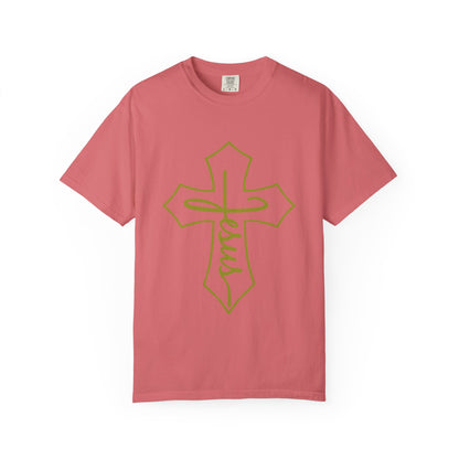Pink t-shirt with a gold cross design on a white background