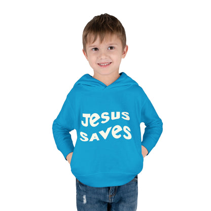 Kids' hoodie with 'Jesus Saves' text and cross graphic, vibrant Christian faith apparel for children.