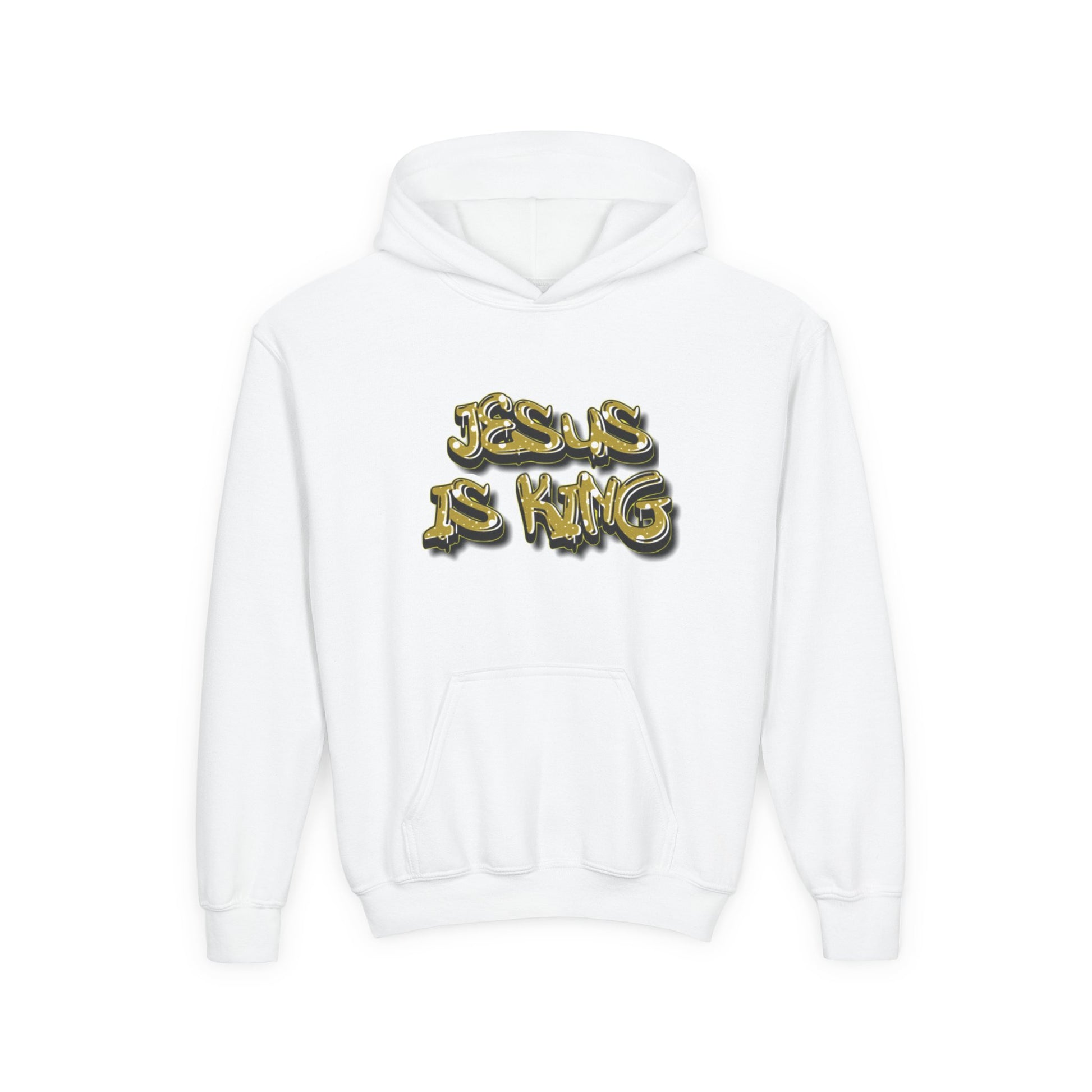 Youth gold on black 'Jesus Is King' hoodie, urban Christian apparel for young believers.

