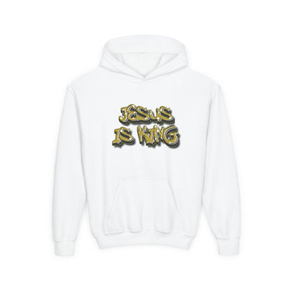 Youth gold on black 'Jesus Is King' hoodie, urban Christian apparel for young believers.

