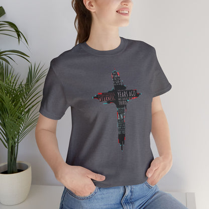 Glitched Cross Christian T-Shirt | Minimalist Bible Verse Grace Tee | Edgy Cyber Faith Streetwear | 2 Corinthians 12:9 Glitch Art