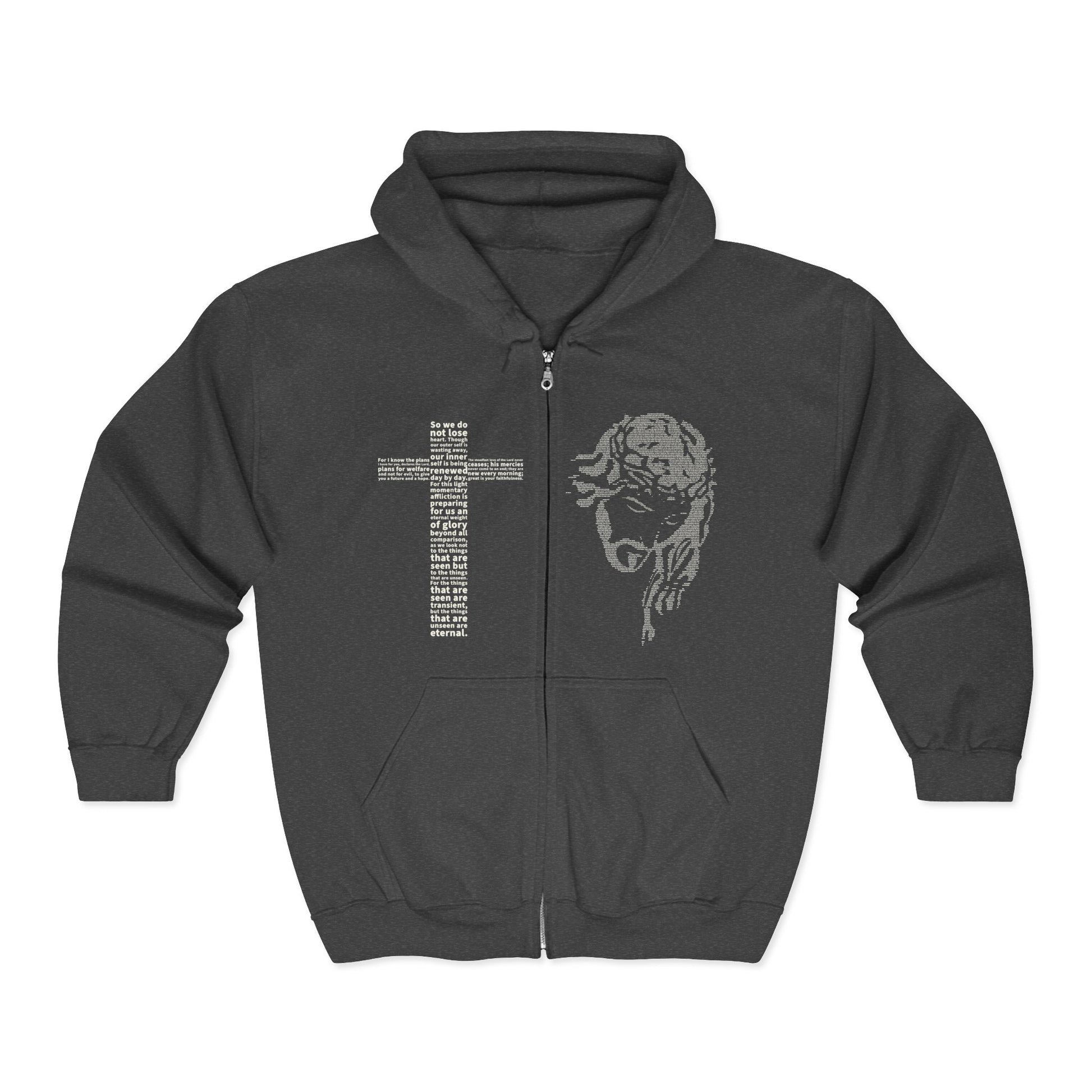 Dark gray hoodie with a cross and angel design on a white background