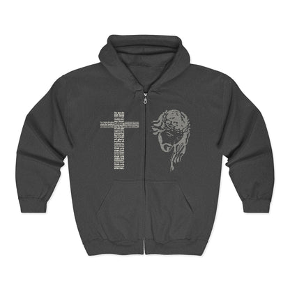 Dark gray hoodie with a cross and angel design on a white background