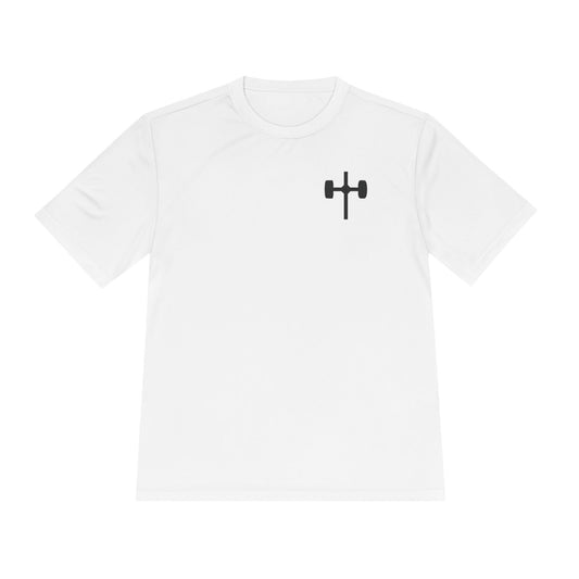 Men's black moisture-wicking performance tee with 'Pray, Train, Sleep, Repeat' text and barbell-cross graphic, Christian fitness apparel.

