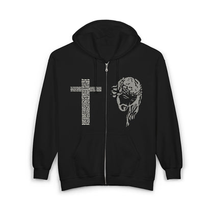 Black hoodie with a cross and face design on a white background
