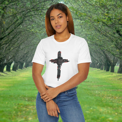Glitched Cross Christian T-Shirt | Minimalist Bible Verse Grace Tee | Edgy Cyber Faith Streetwear | 2 Corinthians 12:9 Glitch Art