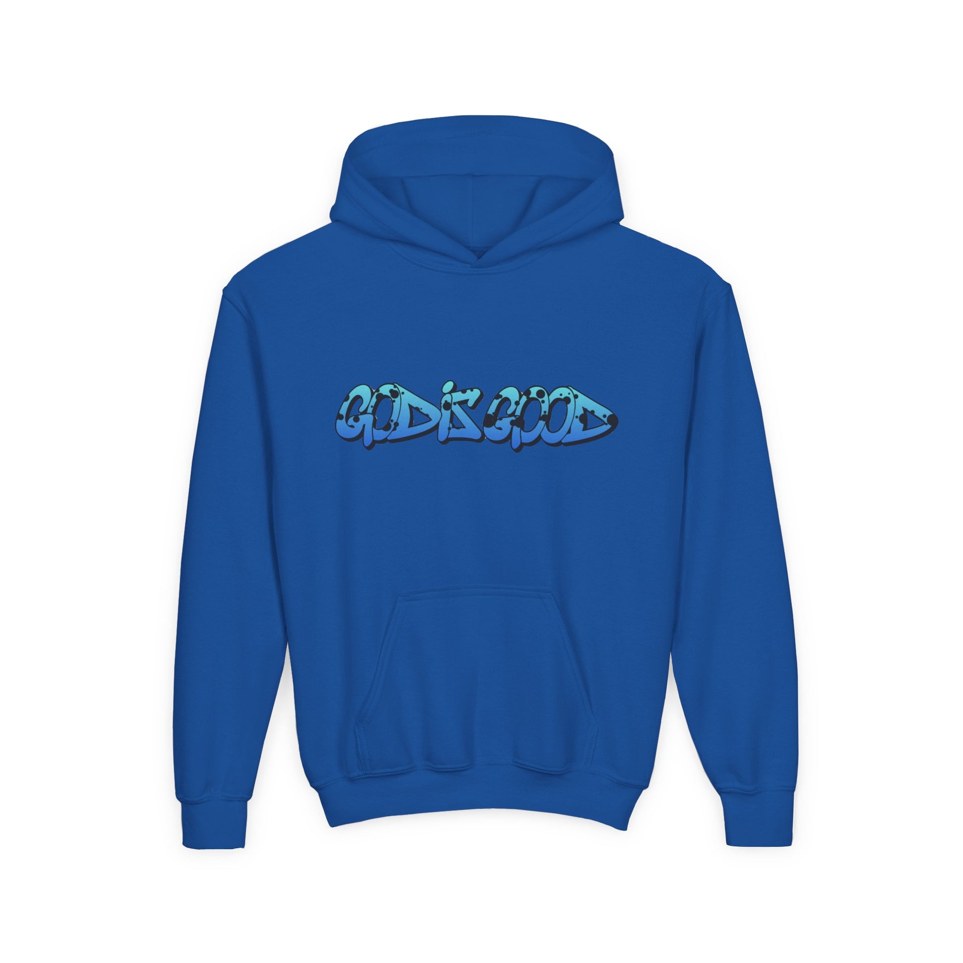 Youth blue cotton hoodie with 'God is Good' text in bold white, Christian faith design for teens

