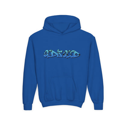 Youth blue cotton hoodie with 'God is Good' text in bold white, Christian faith design for teens

