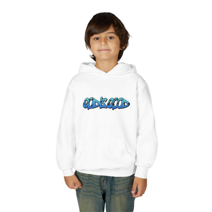 Youth black cotton hoodie with 'God is Good' text in bold white, Christian faith design for teens

