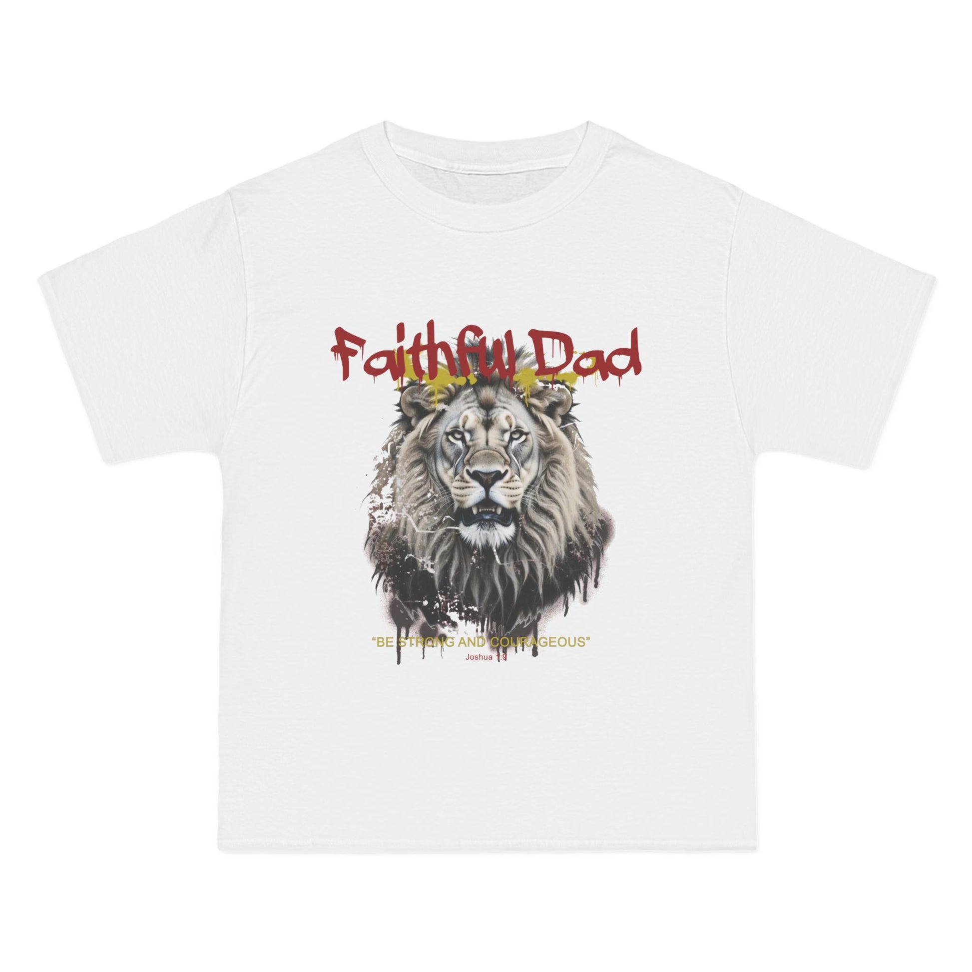 Close-up of red graffiti “Faithful Dad” and shattered lion head design



