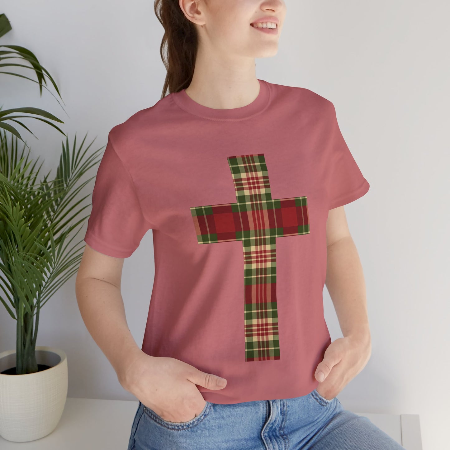 Plaid Cross Christmas Tee – Rustic Faith Holiday T-Shirt