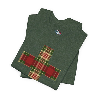 Plaid Cross Christmas Tee – Rustic Faith Holiday T-Shirt