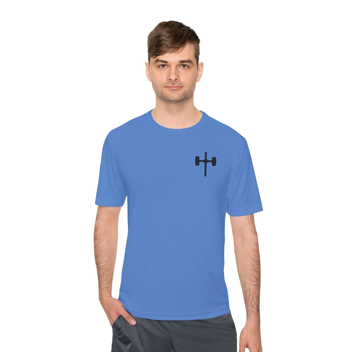 Men's black moisture-wicking performance tee with 'Pray, Train, Sleep, Repeat' text and barbell-cross graphic, Christian fitness apparel.


