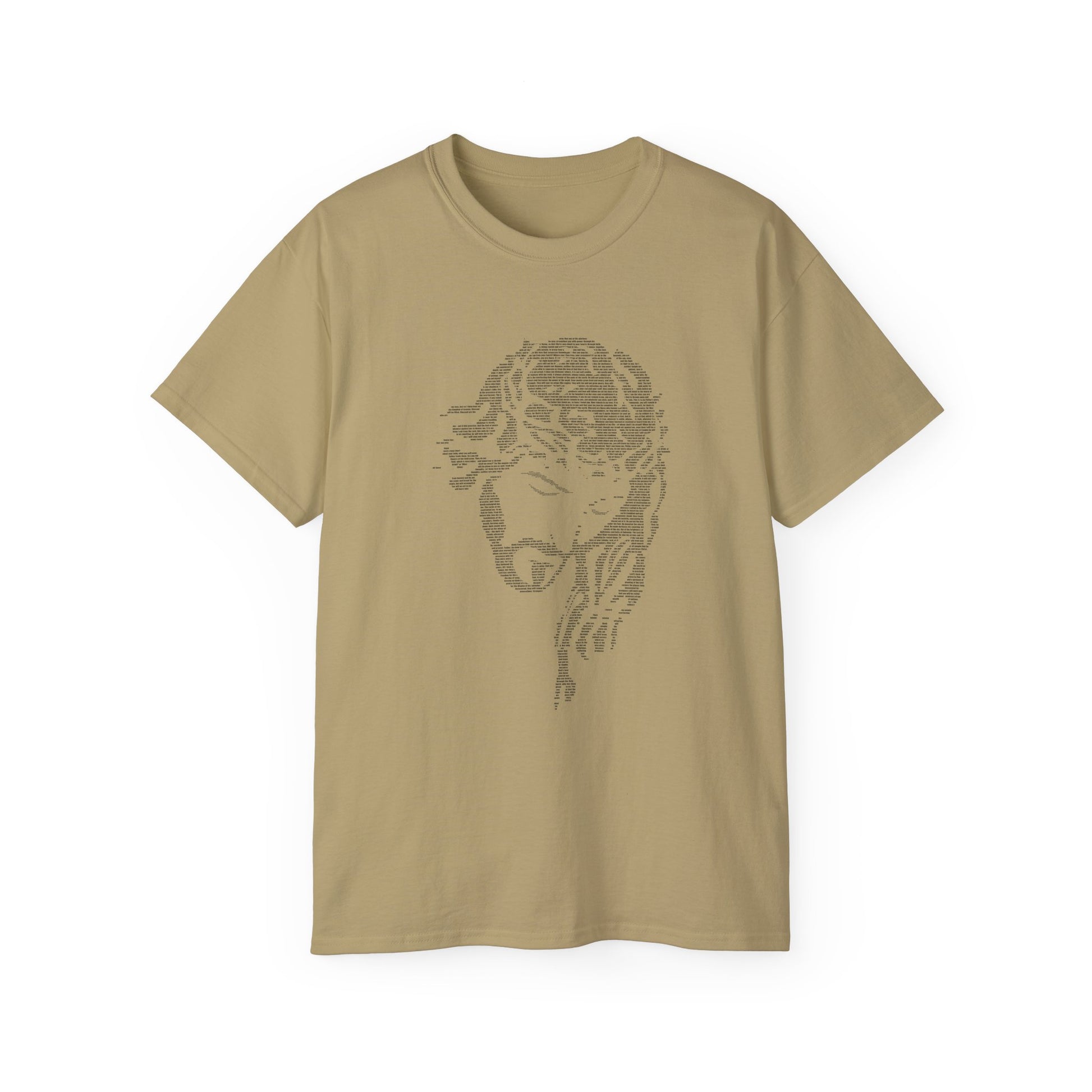 Khaki t-shirt with a graphic design on a white background