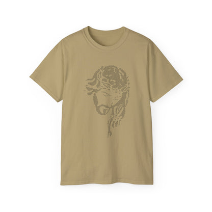Khaki t-shirt with a graphic design on a white background