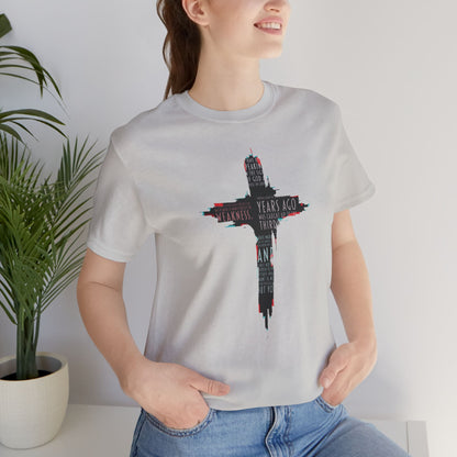 Glitched Cross Christian T-Shirt | Minimalist Bible Verse Grace Tee | Edgy Cyber Faith Streetwear | 2 Corinthians 12:9 Glitch Art