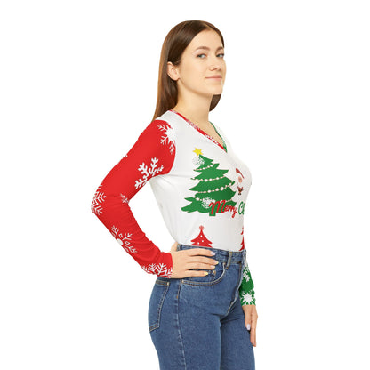 Women's Merry Christmas V-Neck Long Sleeve Shirt - Festive Santa Tree Sweater Top, Holiday Graphic Tee for Cozy Winter Outfits
