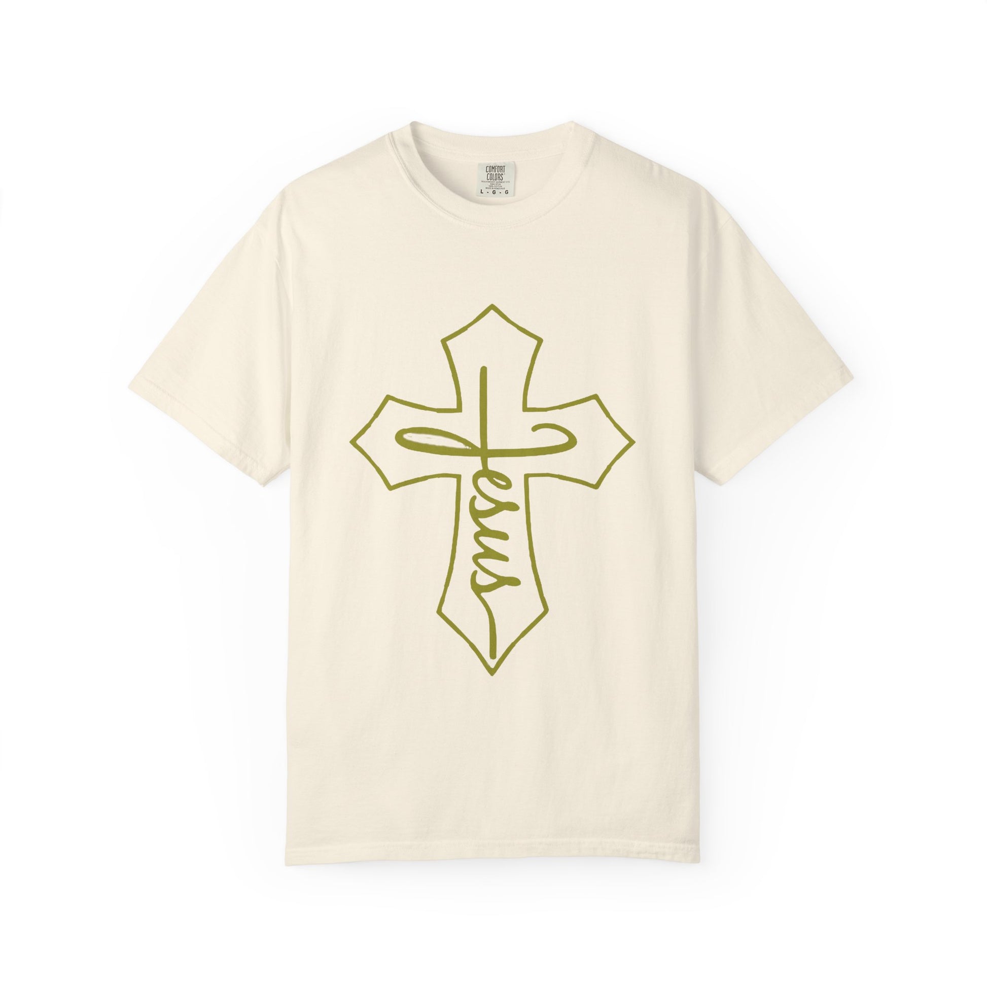 Beige t-shirt with a green cross and 'Jesus' text on a white background