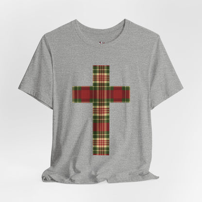Plaid Cross Christmas Tee – Rustic Faith Holiday T-Shirt