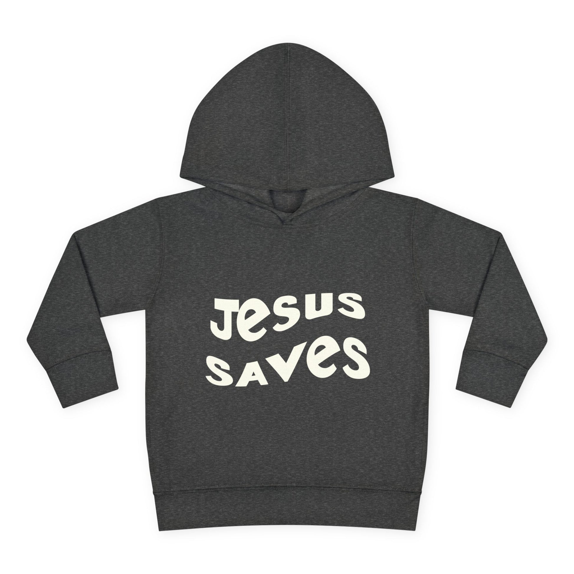 Kids' hoodie with 'Jesus Saves' text and cross graphic, vibrant Christian faith apparel for children.