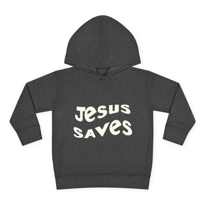Kids' hoodie with 'Jesus Saves' text and cross graphic, vibrant Christian faith apparel for children.