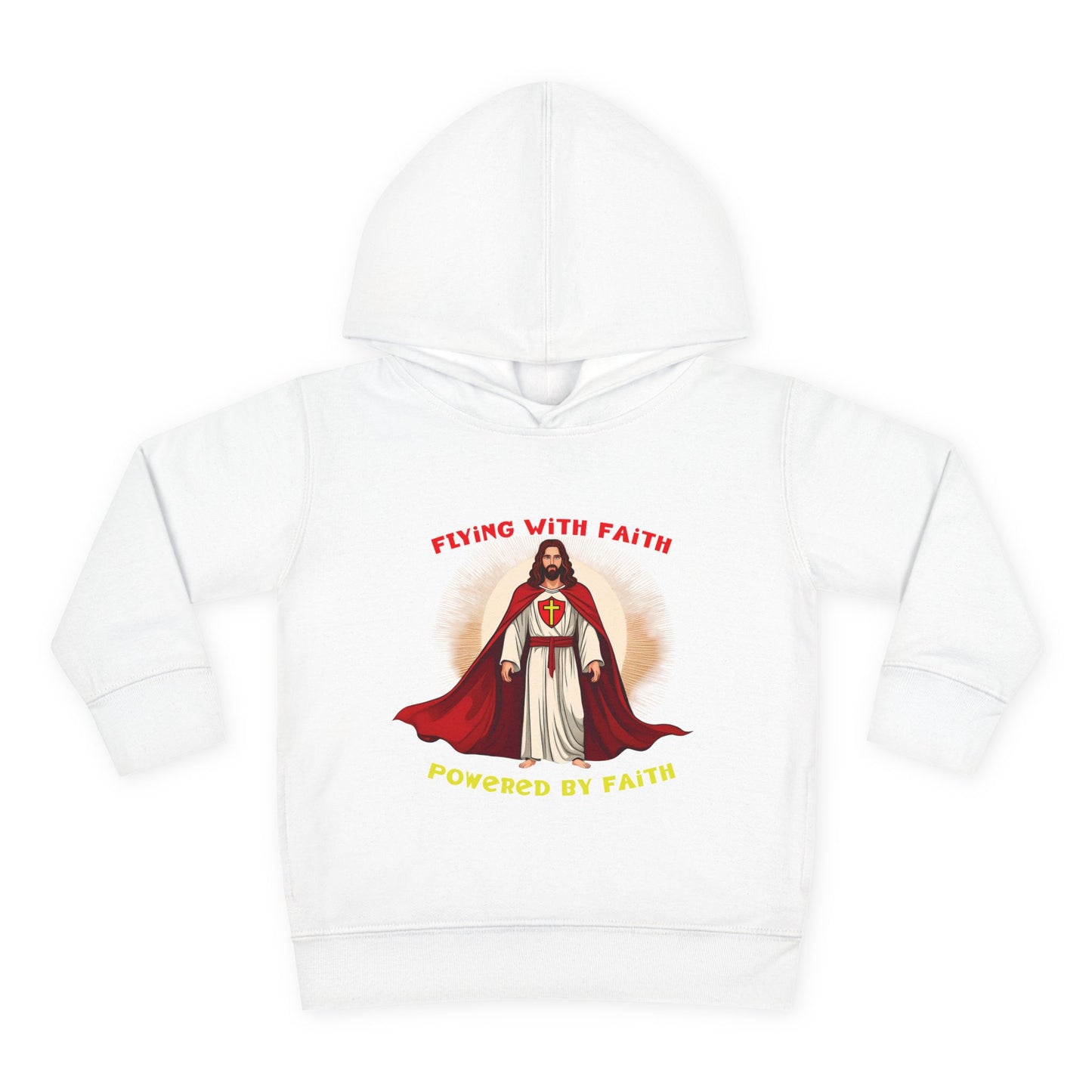 Toddler blue hoodie with Flying with Faith text and superhero Jesus graphic, vibrant Christian kids apparel

