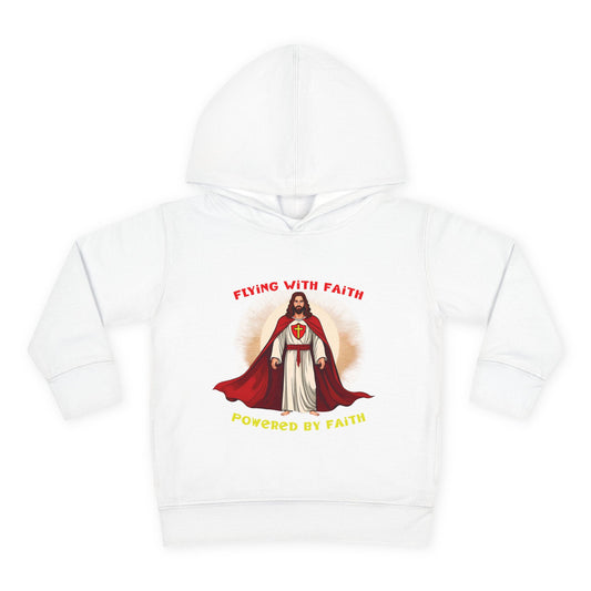 Toddler blue hoodie with Flying with Faith text and superhero Jesus graphic, vibrant Christian kids apparel

