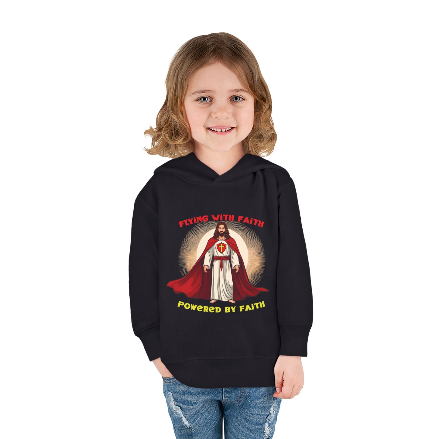 Toddler blue hoodie with Flying with Faith text and superhero Jesus graphic, vibrant Christian kids apparel

