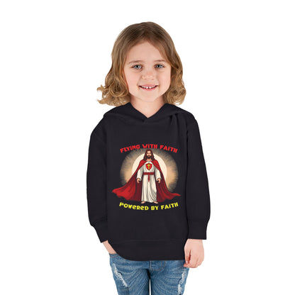 Toddler blue hoodie with Flying with Faith text and superhero Jesus graphic, vibrant Christian kids apparel

