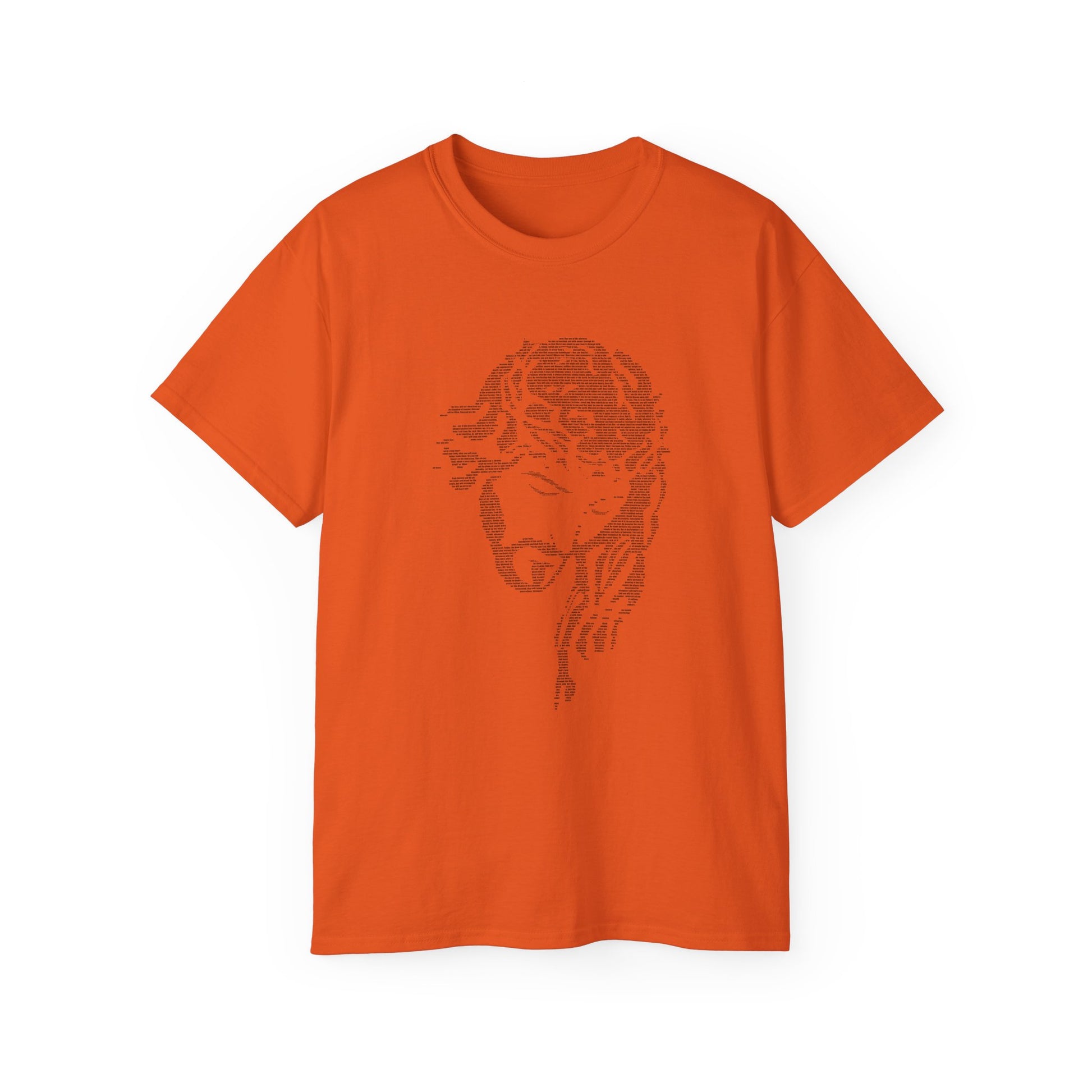 Orange t-shirt with a black graphic design on a white background