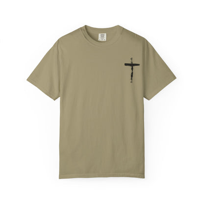 Men's white T-shirt with black cross and John 3:16 Bible verse, Christian faith apparel.

