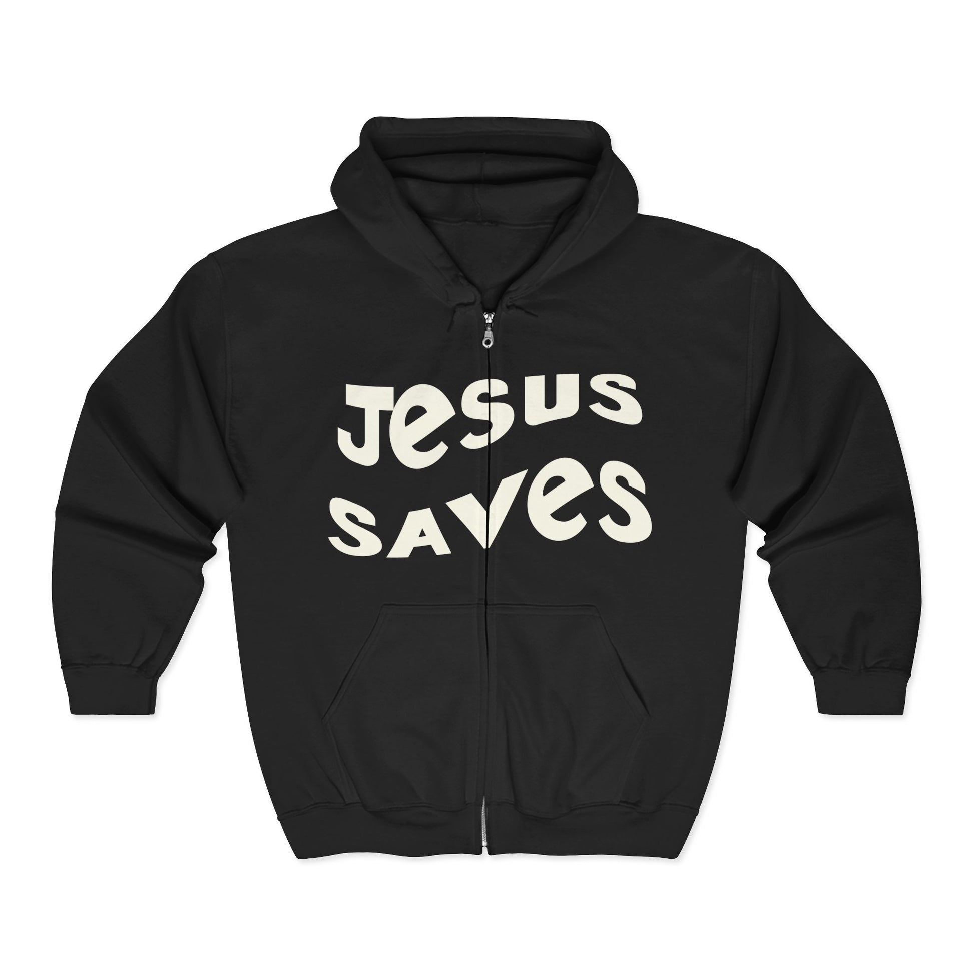 Jesus Saves hoodie, black Christian apparel, faith-based gift, cozy casual wear.

