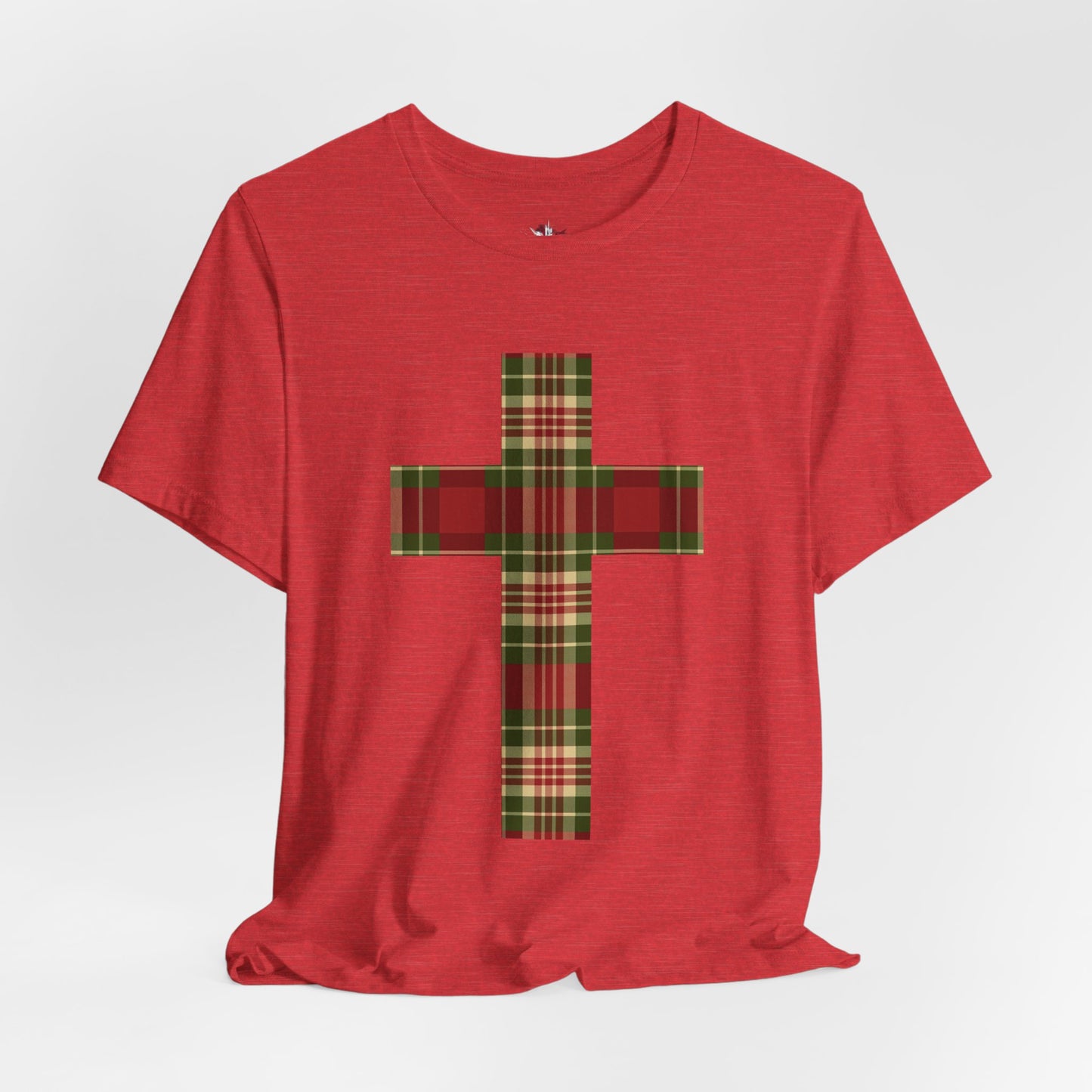 Plaid Cross Christmas Tee – Rustic Faith Holiday T-Shirt