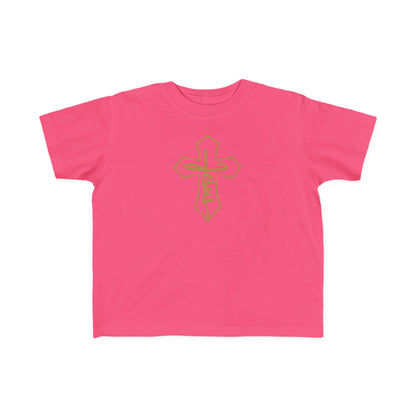 Pink t-shirt with a gold cross design on a white background