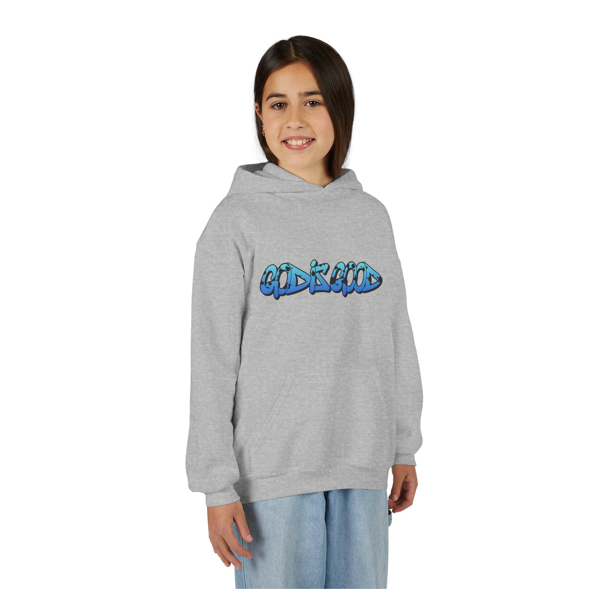 Youth black cotton hoodie with 'God is Good' text in bold white, Christian faith design for teens

