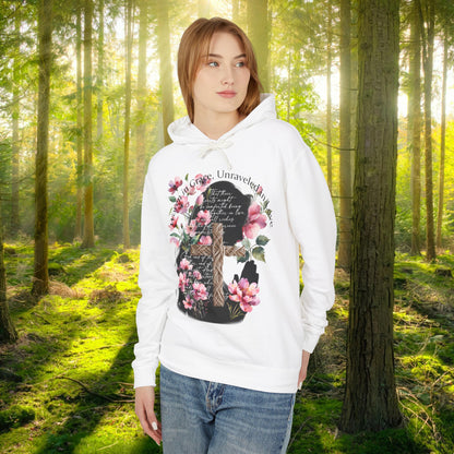 Woven in Grace Hoodie - Pink Floral Faith Verse Pullover with Cross & Prayer Silhouette