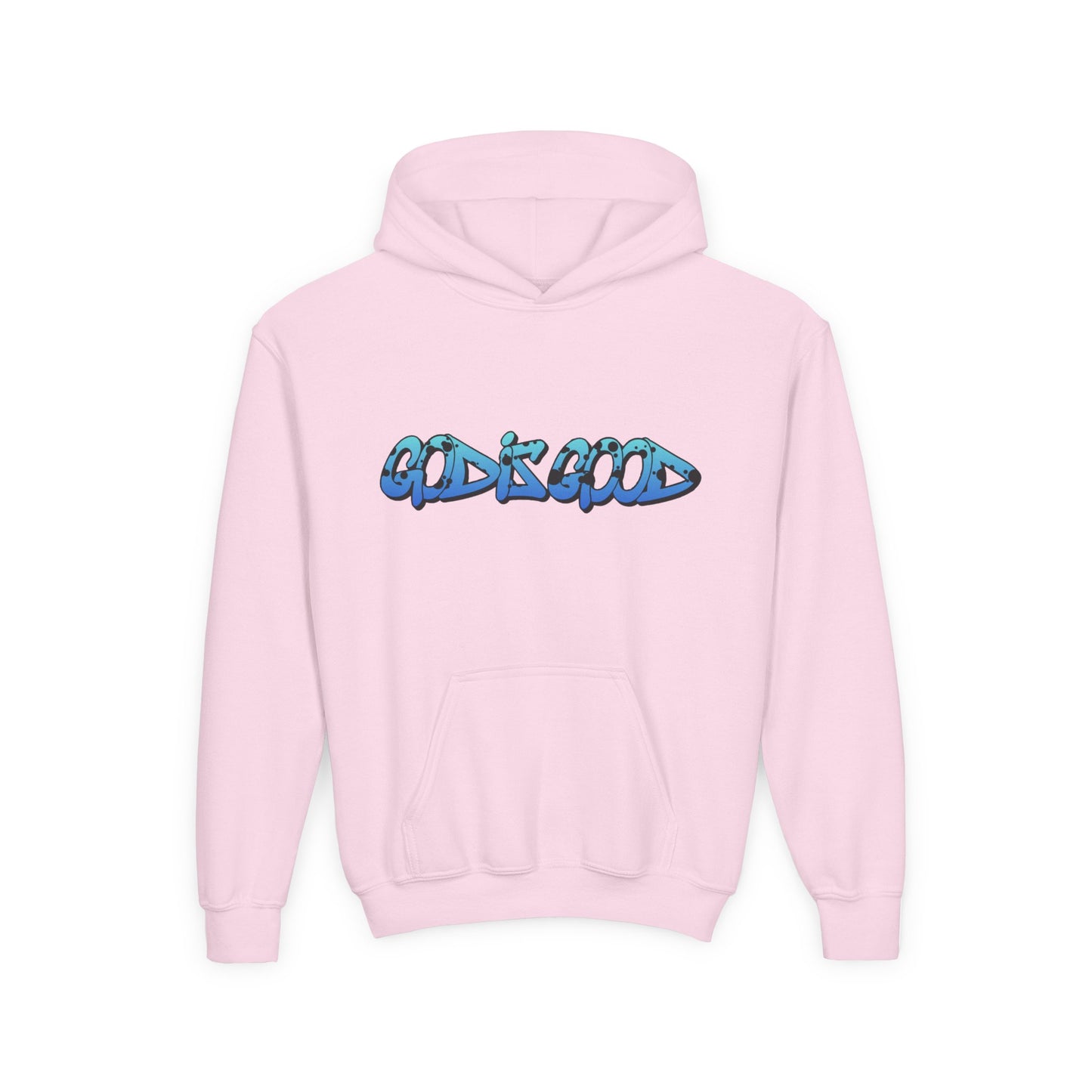 Youth Pink cotton hoodie with 'God is Good' text in bold white, Christian faith design for teens

