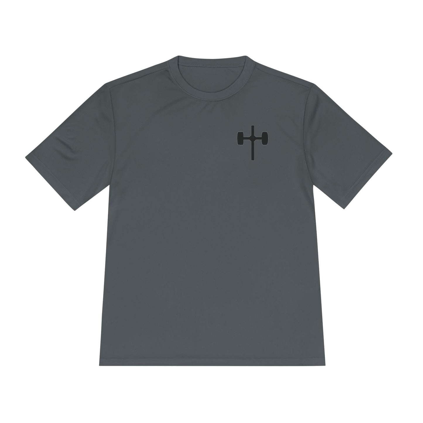 Men's moisture-wicking performance tee with 'Pray, Train, Sleep, Repeat' text and barbell-cross graphic, Christian fitness apparel.

